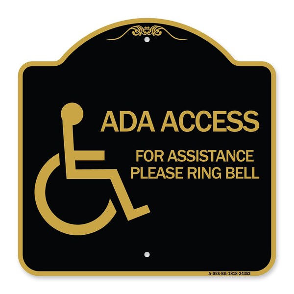 Signmission ADA Access for Assistance Ring Bell W/ New Isa, Black & Gold Aluminum Sign, 18" H, BG-1818-24352 A-DES-BG-1818-24352 - main